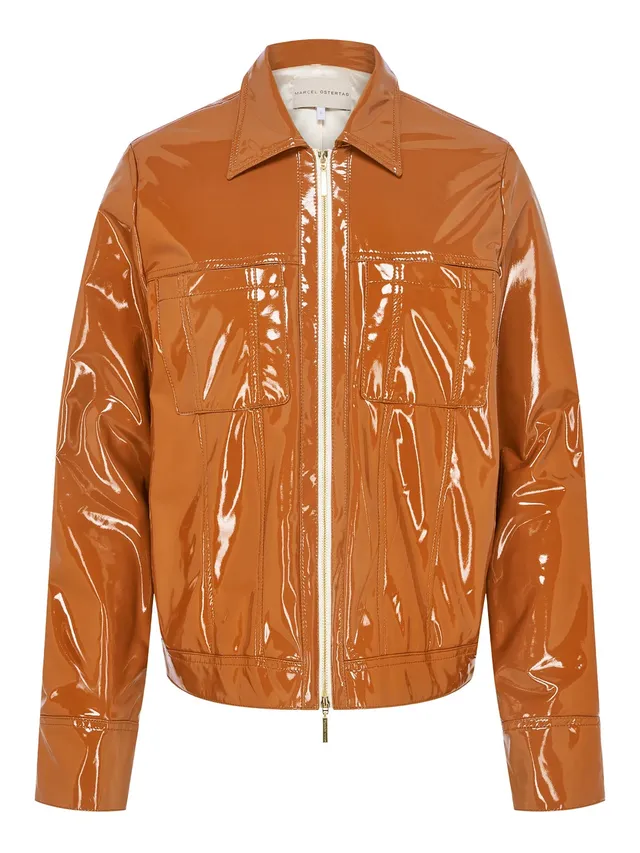 marcel-ostertag-jacke-lack-cognac-braun-mit-reissverschluss image 1