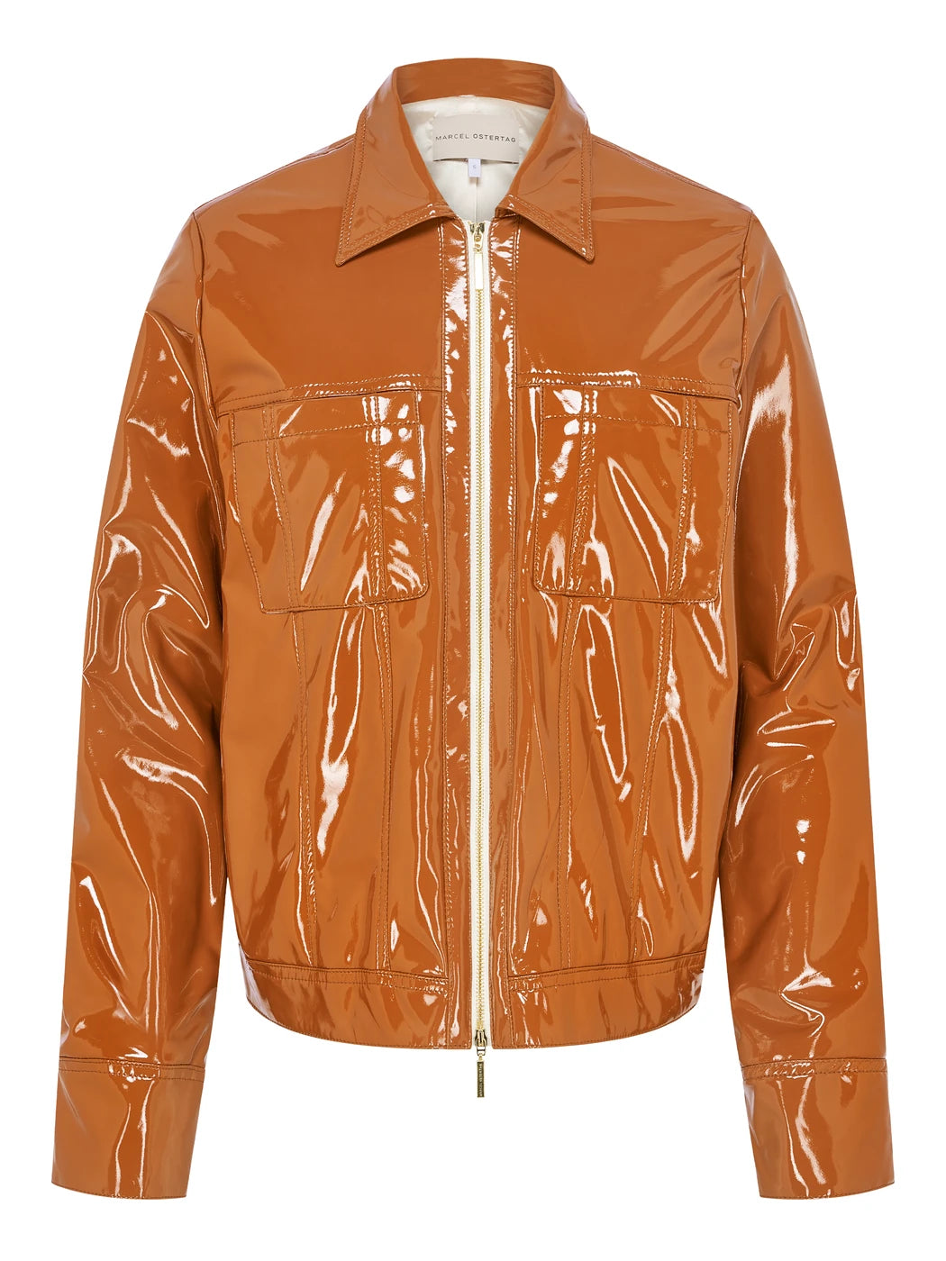 marcel-ostertag-jacke-lack-cognac-braun-mit-reissverschluss image 1