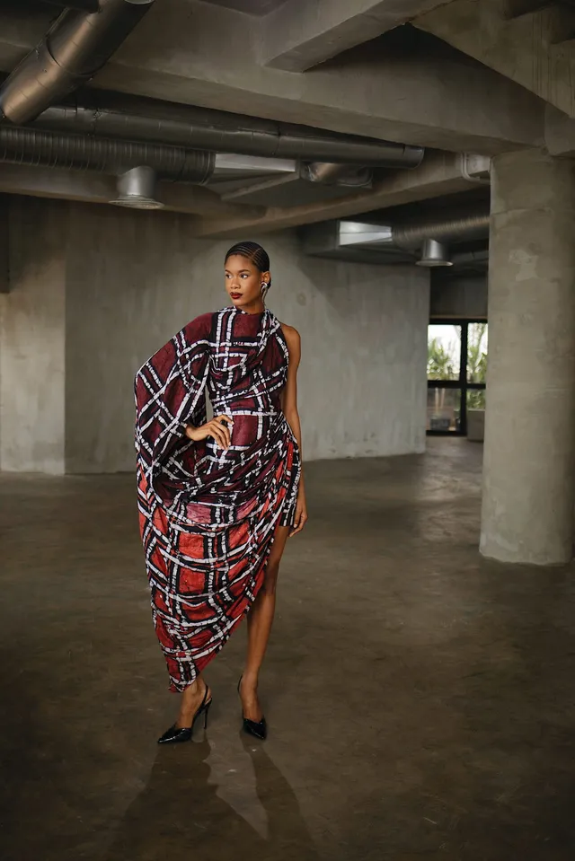 fruch-vivienne-dress-drapiertes-kleid-tartan-adire image 1